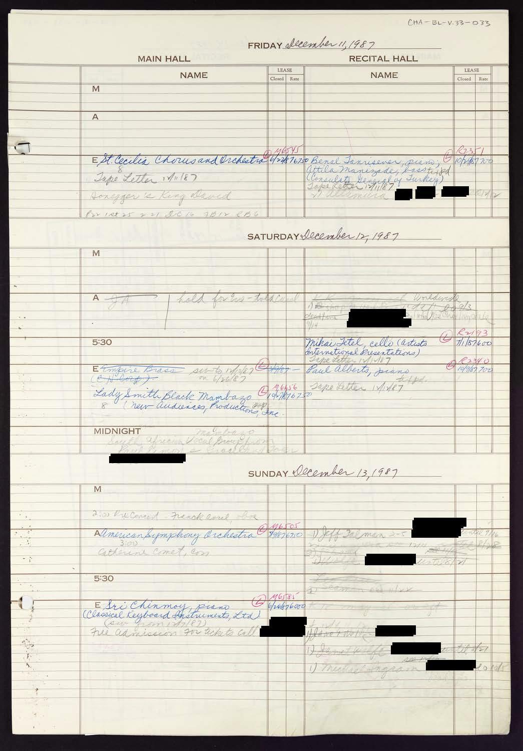 Carnegie Hall Booking Ledger, volume 33, page 33