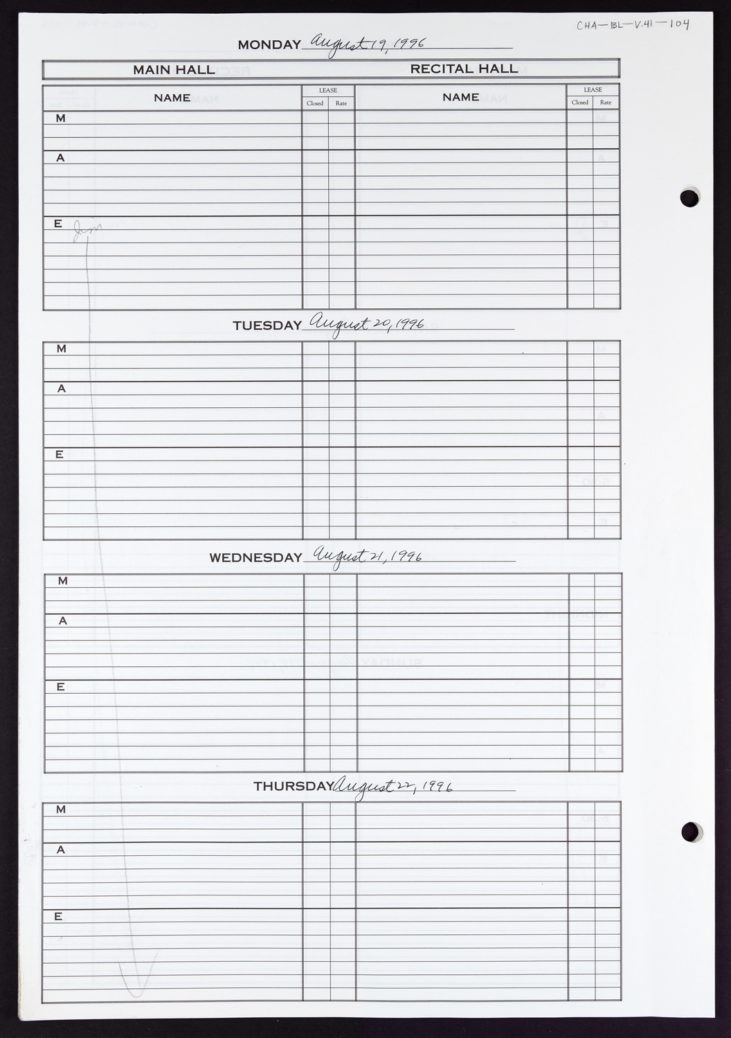 Carnegie Hall Booking Ledger, volume 41, page 104