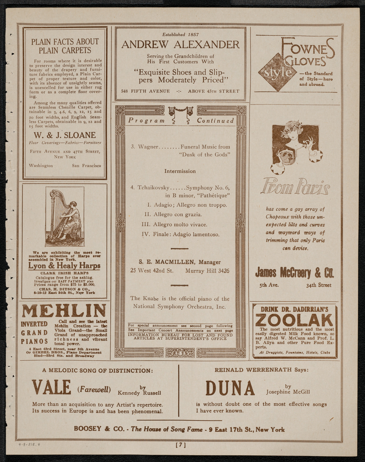 National Symphony Orchestra, April 3, 1921, program page 7