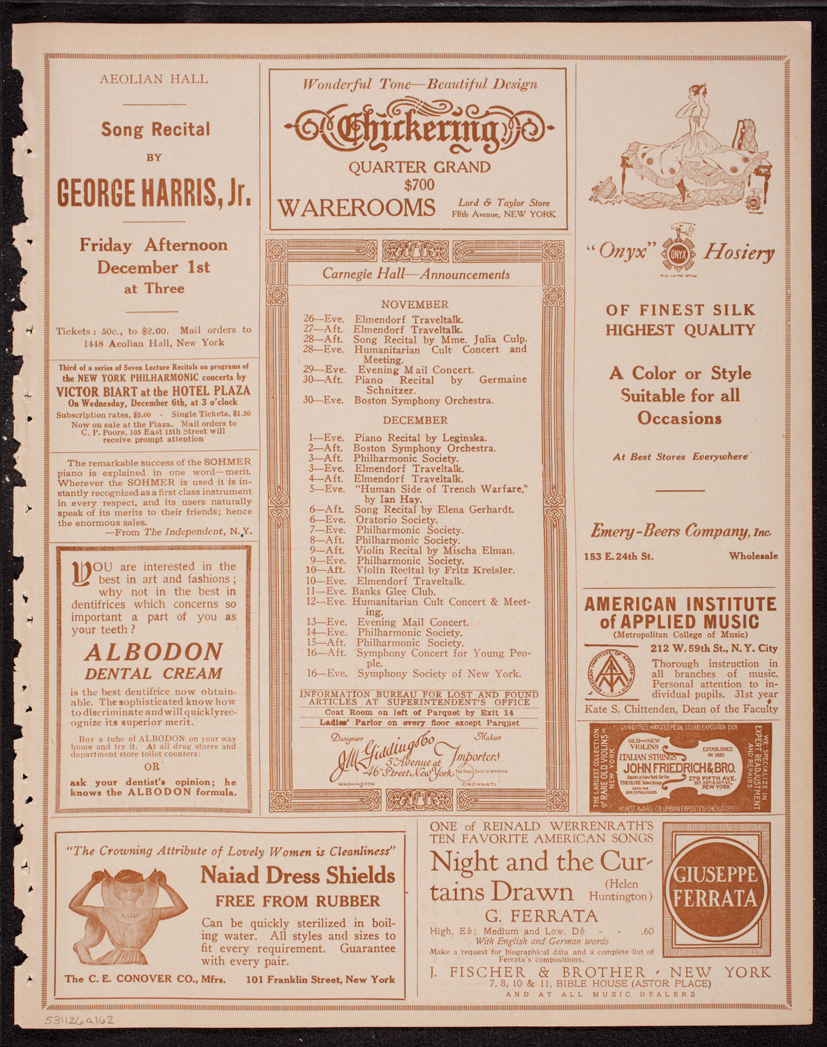 New York Philharmonic, November 26, 1916, program page 3