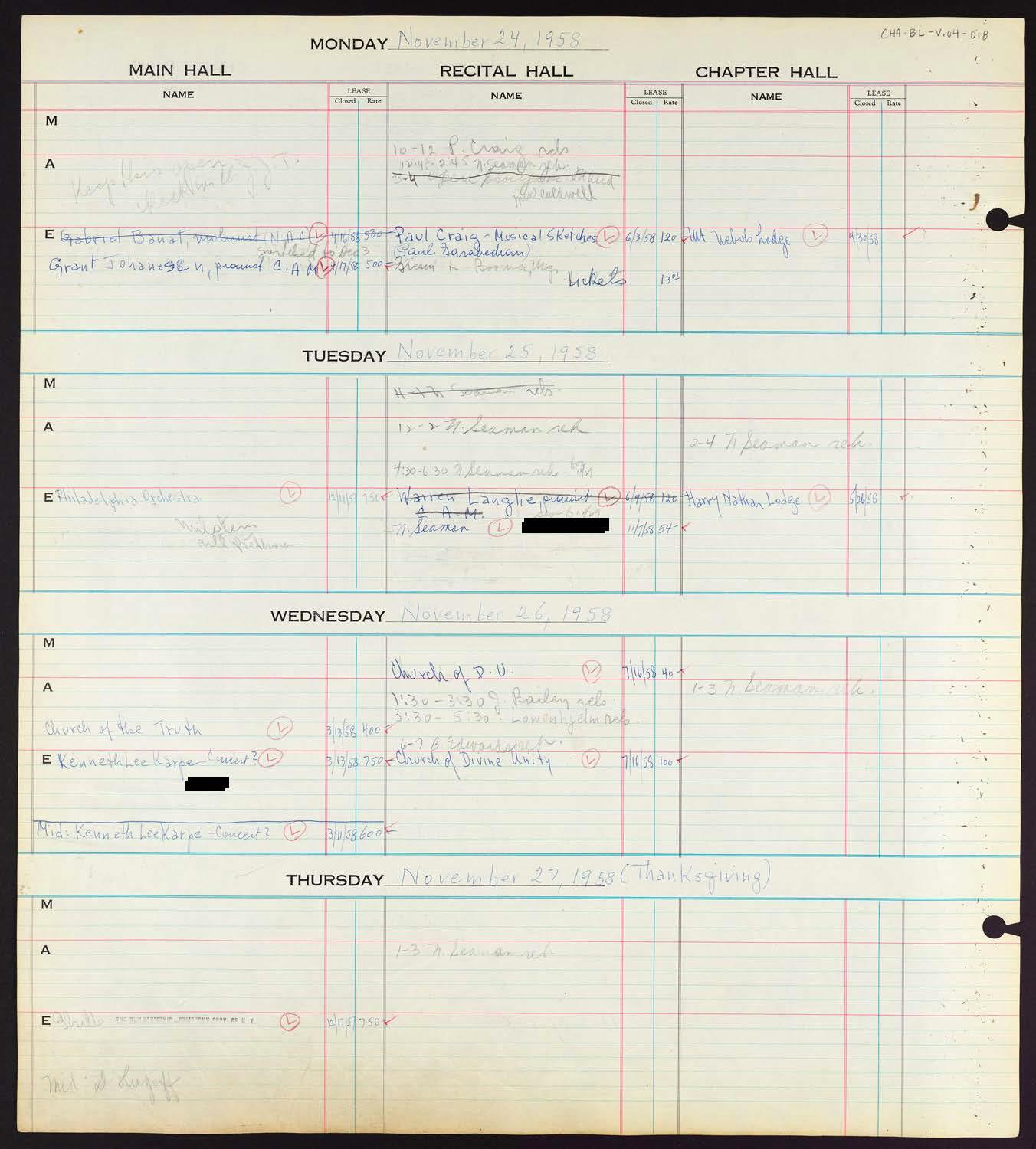 Carnegie Hall Booking Ledger, volume 4, page 18