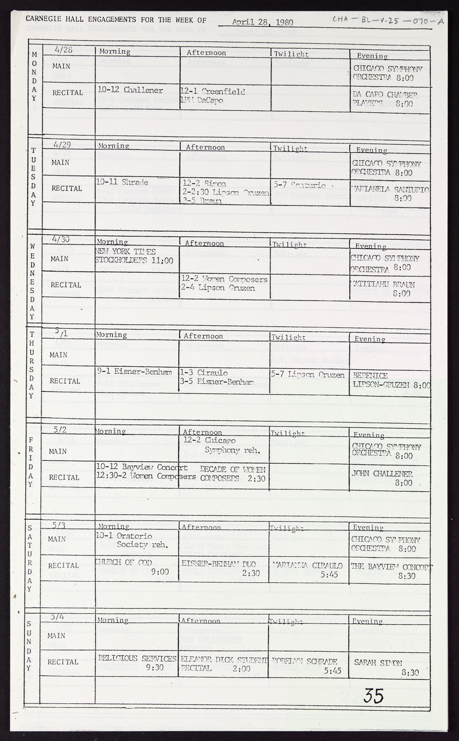 Carnegie Hall Booking Ledger, volume 25, page 70a