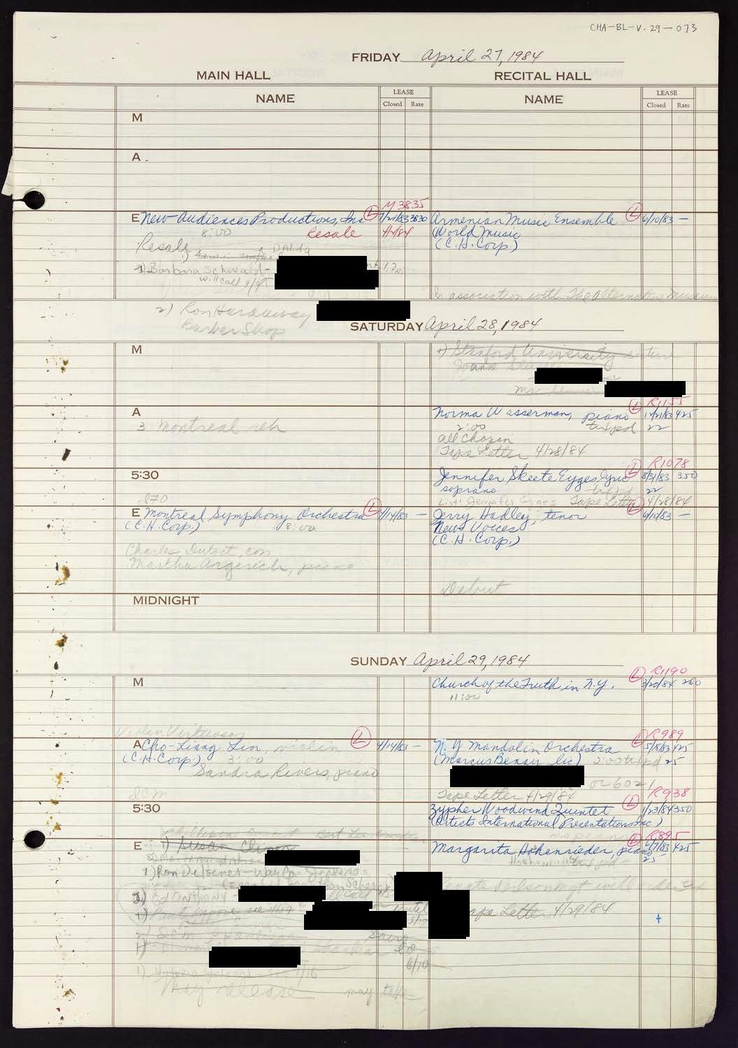 Carnegie Hall Booking Ledger, volume 29, page 73