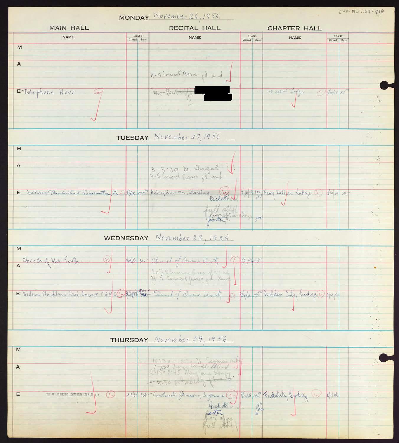 Carnegie Hall Booking Ledger, volume 2, page 18