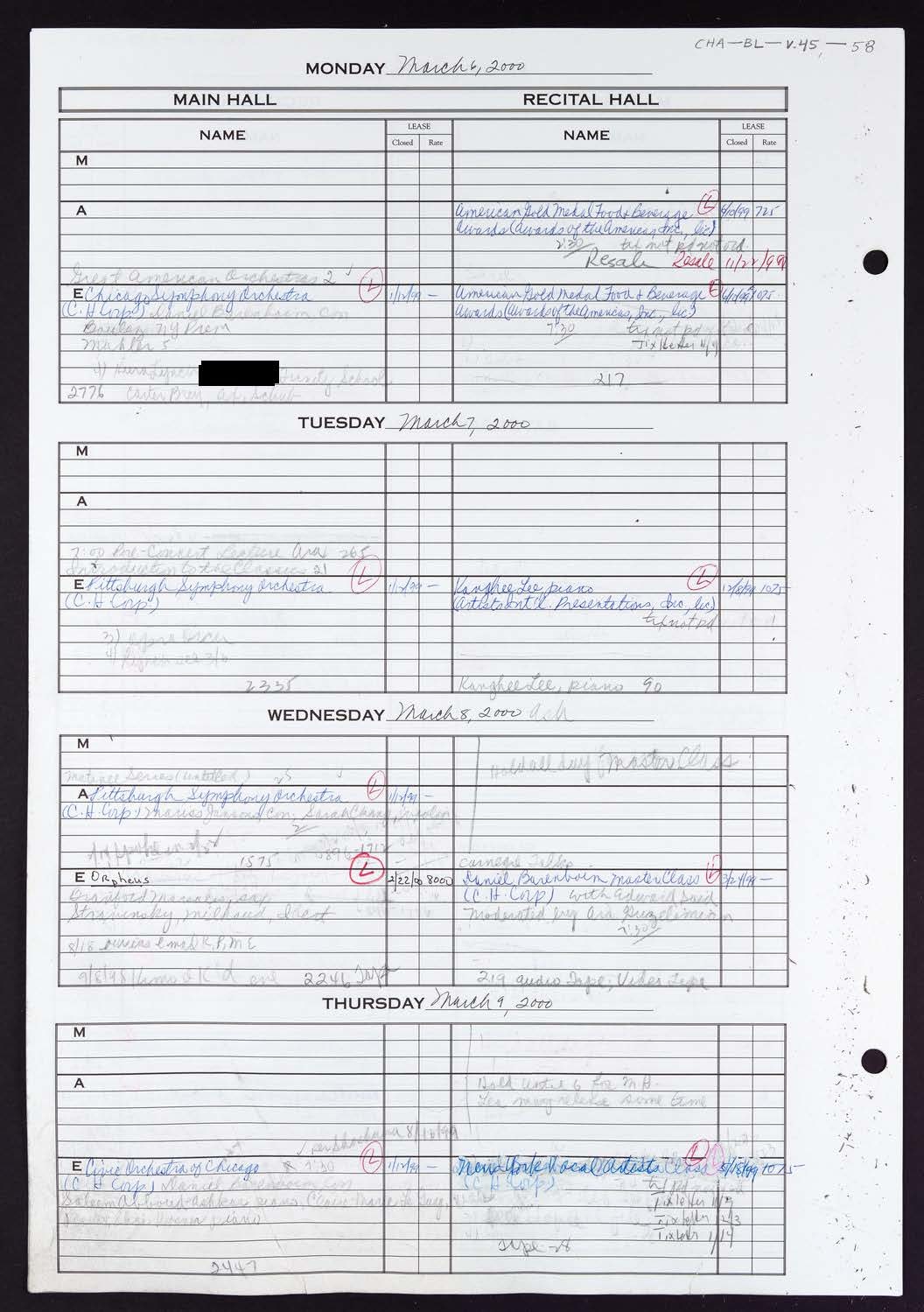 Carnegie Hall Booking Ledger, volume 45, page 58