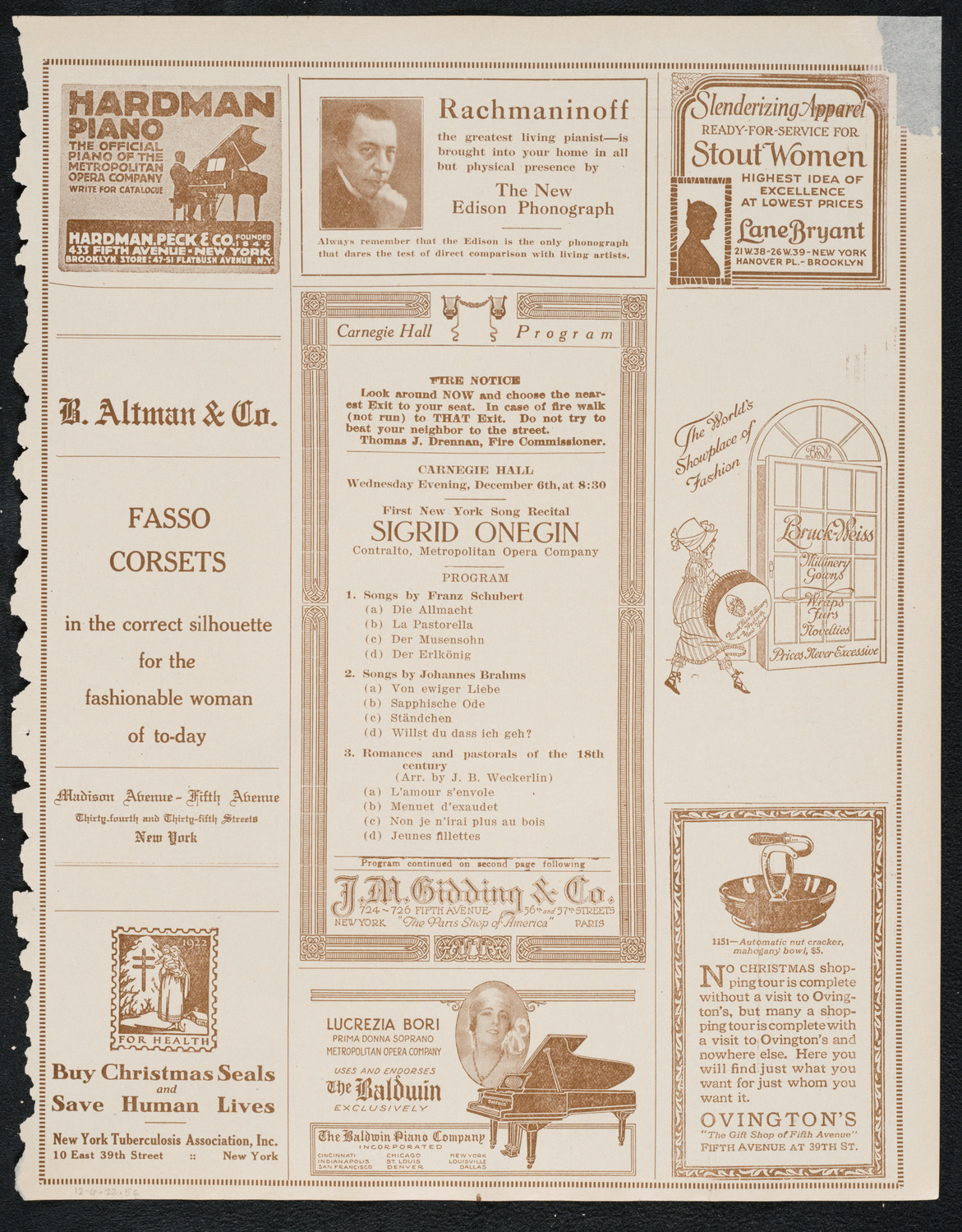Sigrid Onégin, Contralto, December 6, 1922, program page 5