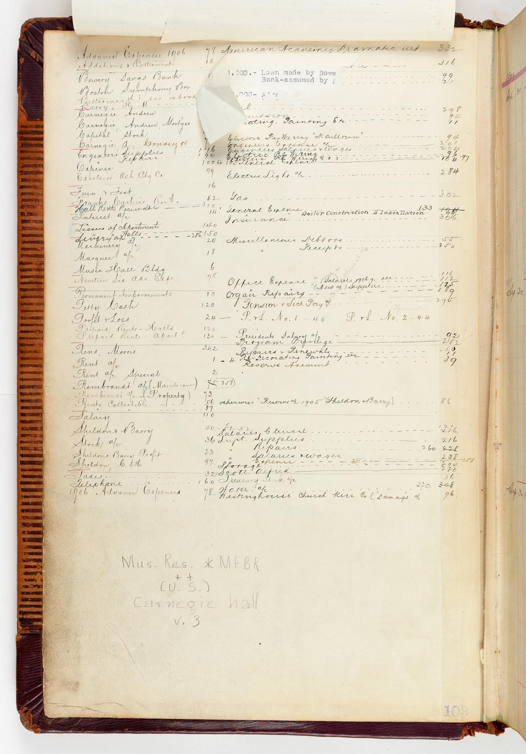 Music Hall Accounting Ledger, volume 3, inside front cover (with partial clipping) page 1