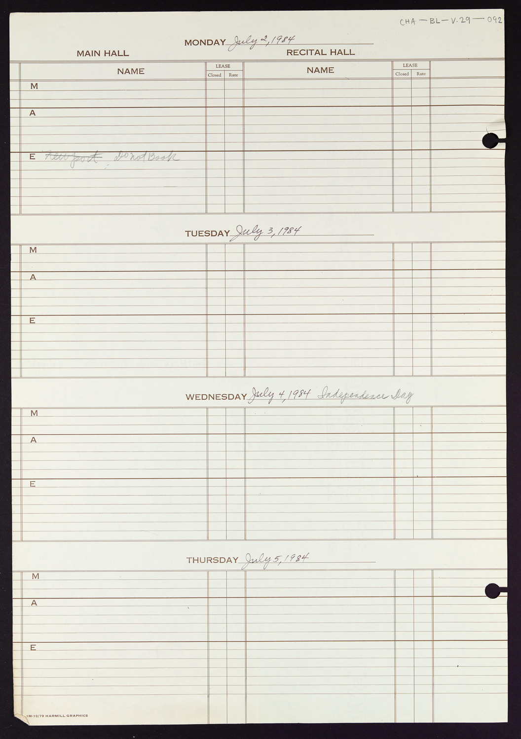 Carnegie Hall Booking Ledger, volume 29, page 92