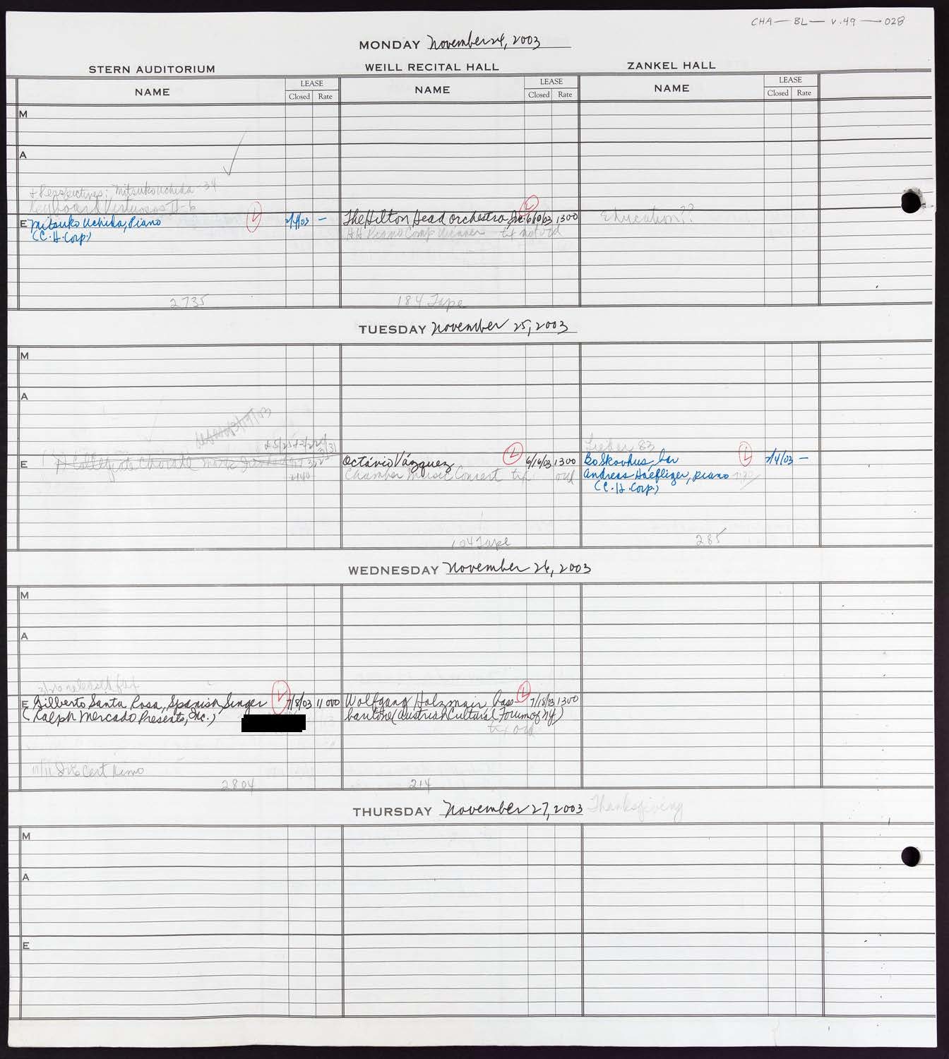 Carnegie Hall Booking Ledger, volume 49, page 28