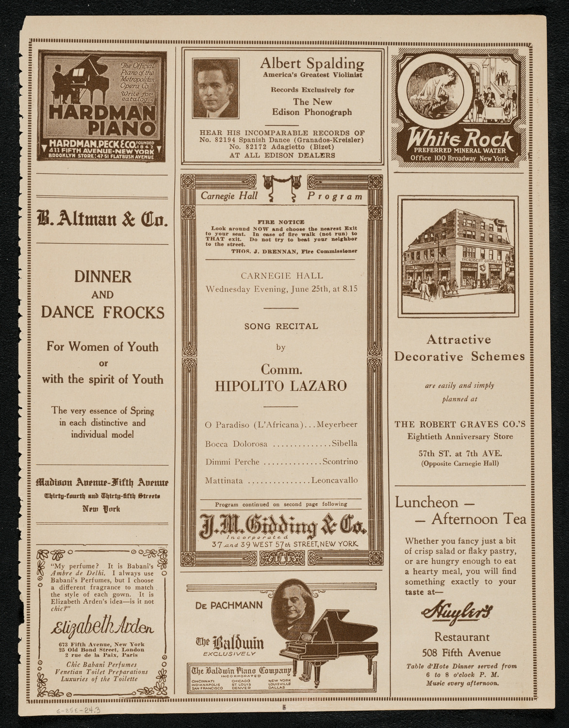 Hipolito Lazaro, Tenor, June 25, 1924, program page 5