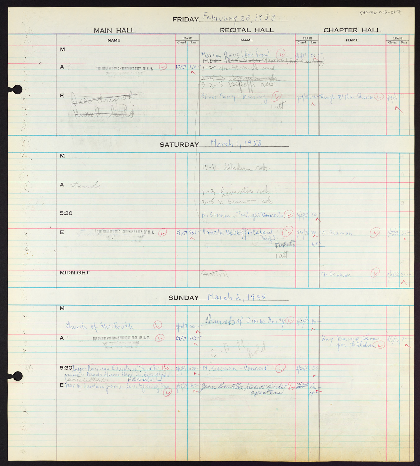 Carnegie Hall Booking Ledger, volume 3, page 47