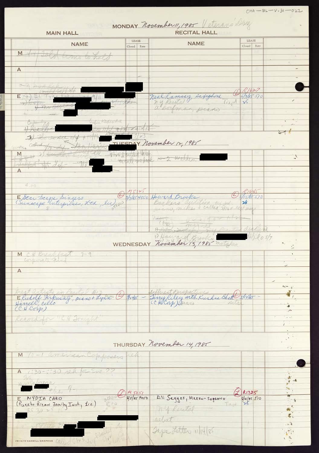 Carnegie Hall Booking Ledger, volume 31, page 22