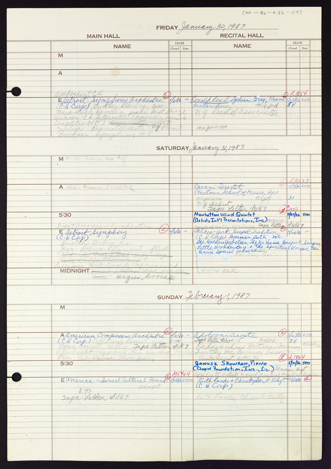 Carnegie Hall Booking Ledger, volume 32, page 47