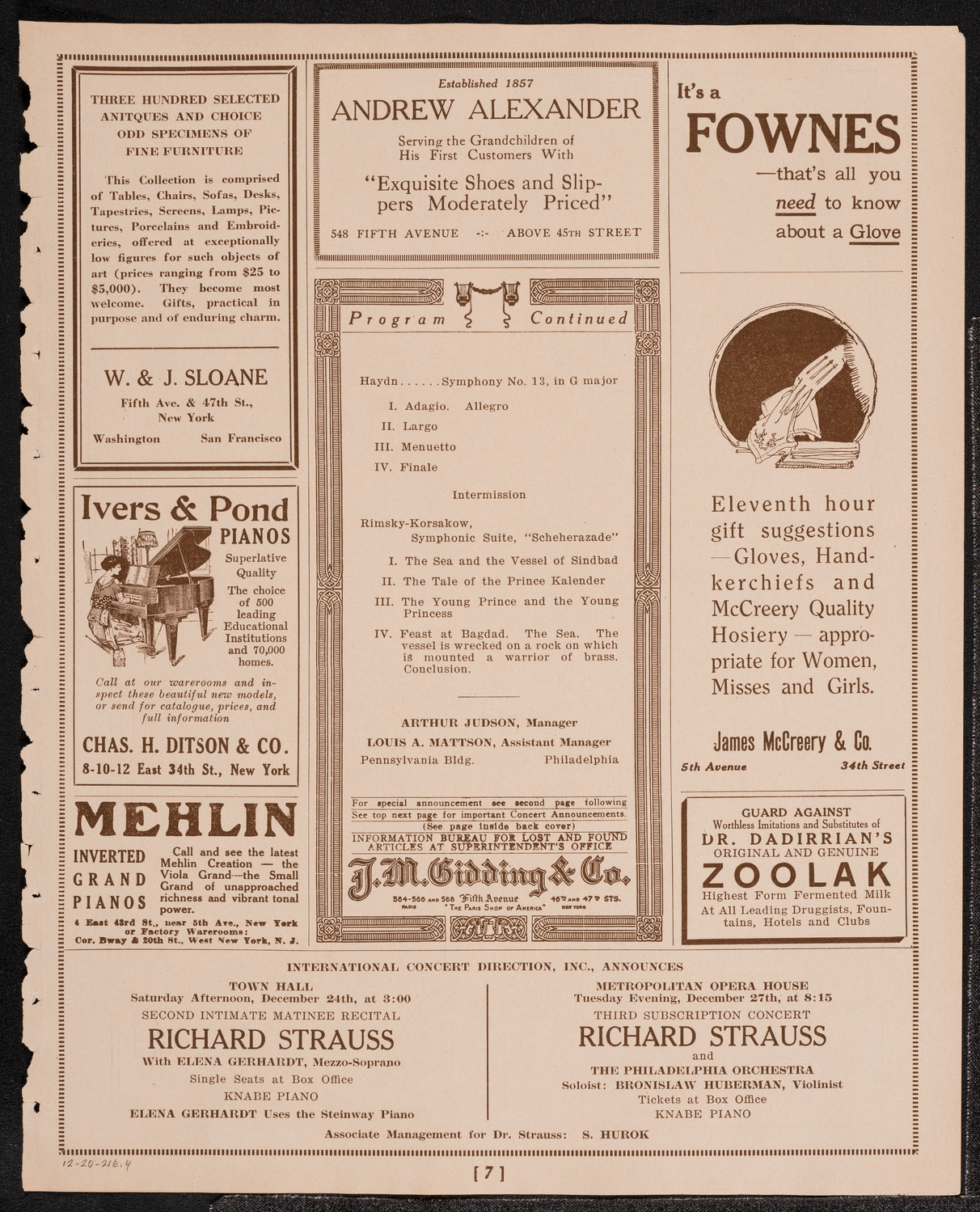 Philadelphia Orchestra, December 20, 1921, program page 7