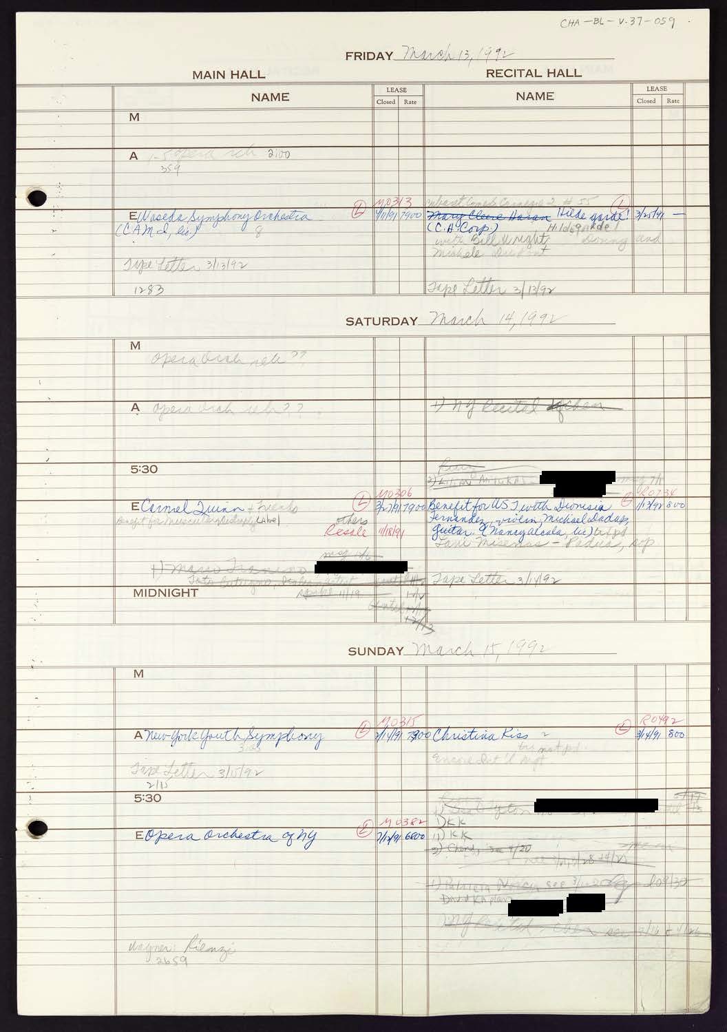 Carnegie Hall Booking Ledger, volume 37, page 59