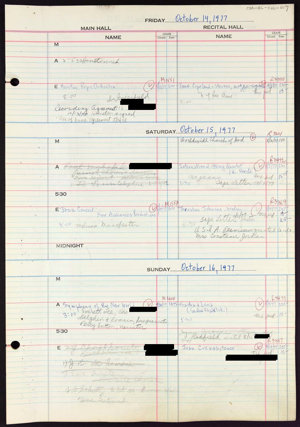 Carnegie Hall Booking Ledger, volume 23, page 17