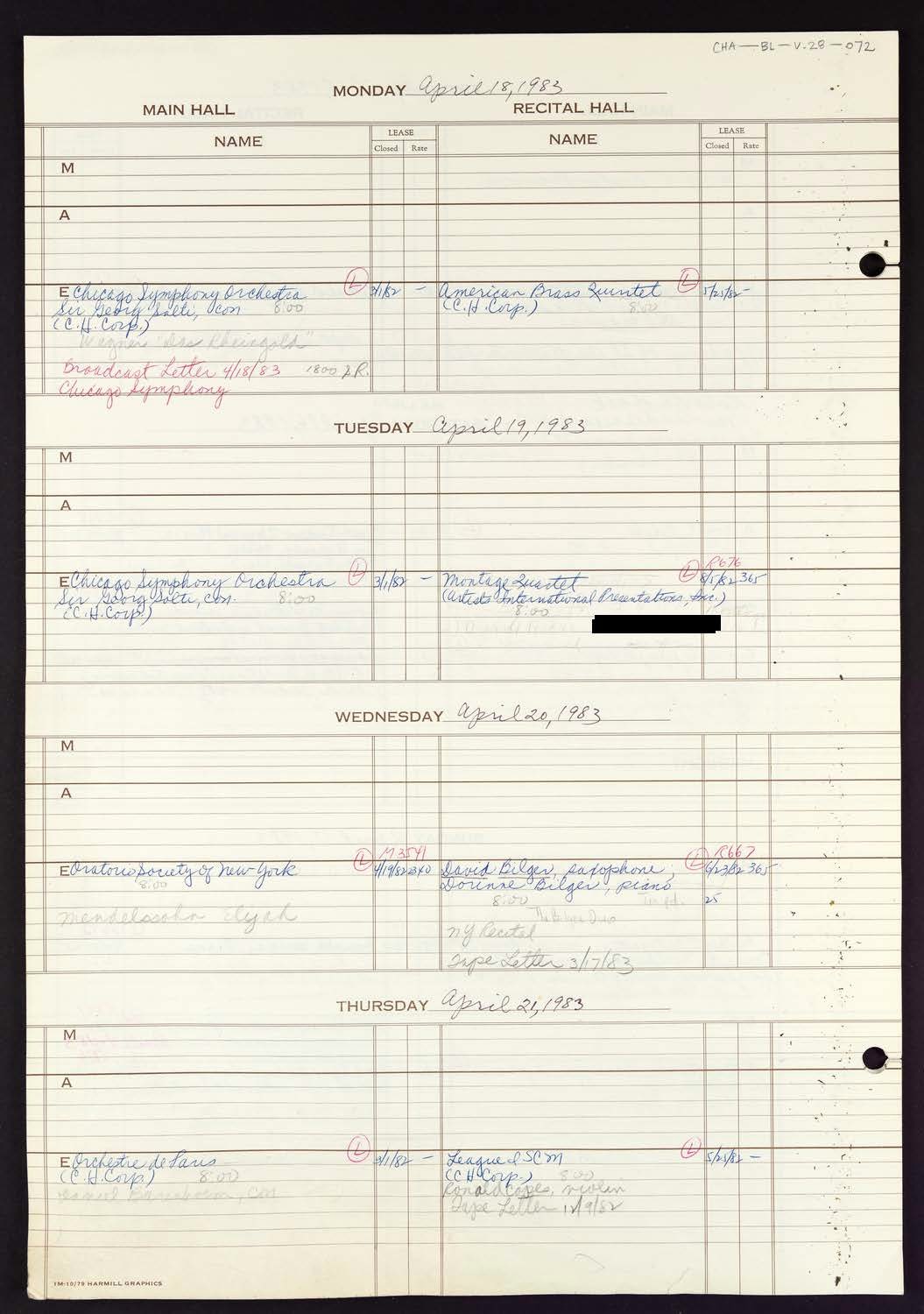 Carnegie Hall Booking Ledger, volume 28, page 72