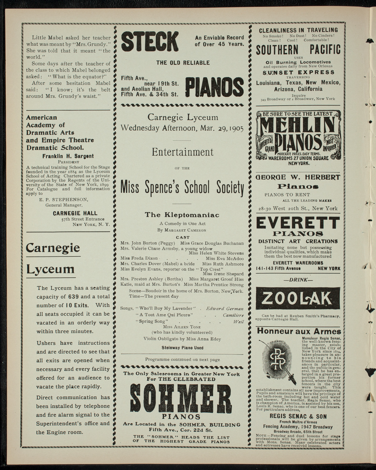 Miss Spence's School Society, March 29, 1905, program page 2