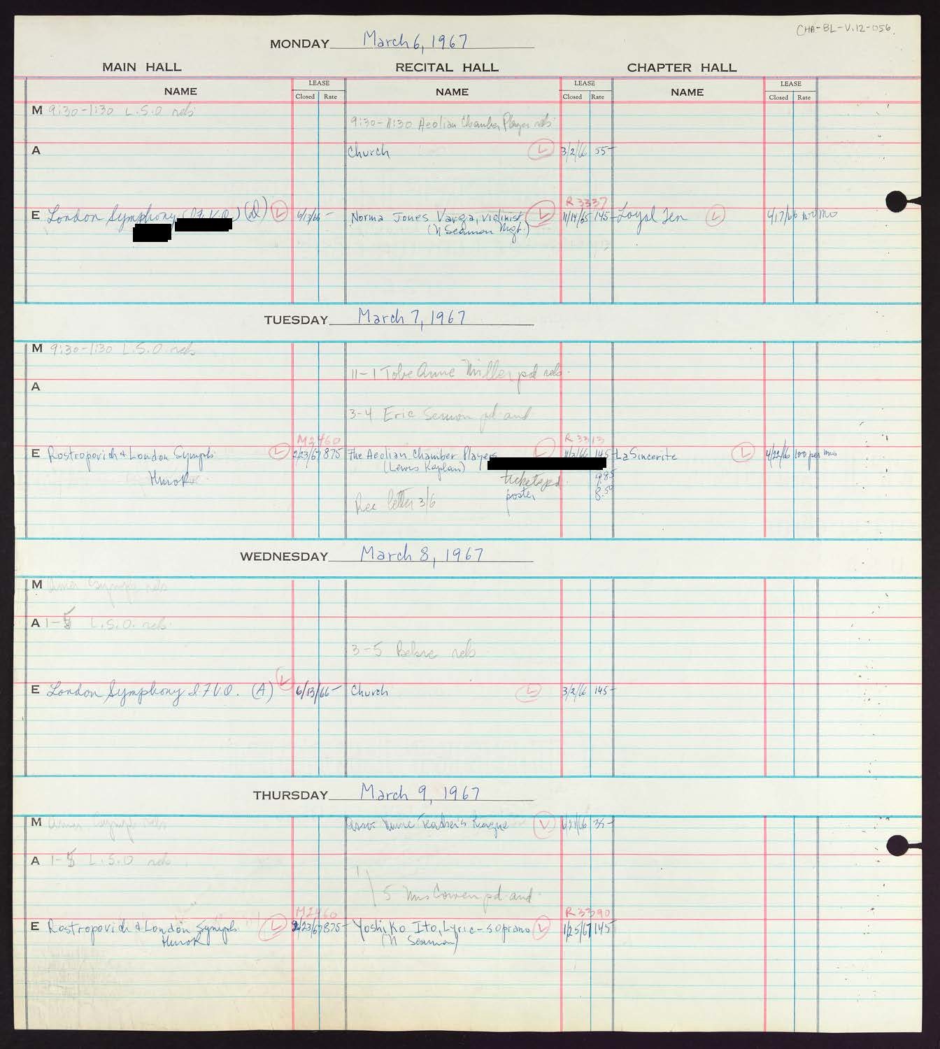 Carnegie Hall Booking Ledger, volume 12, page 56