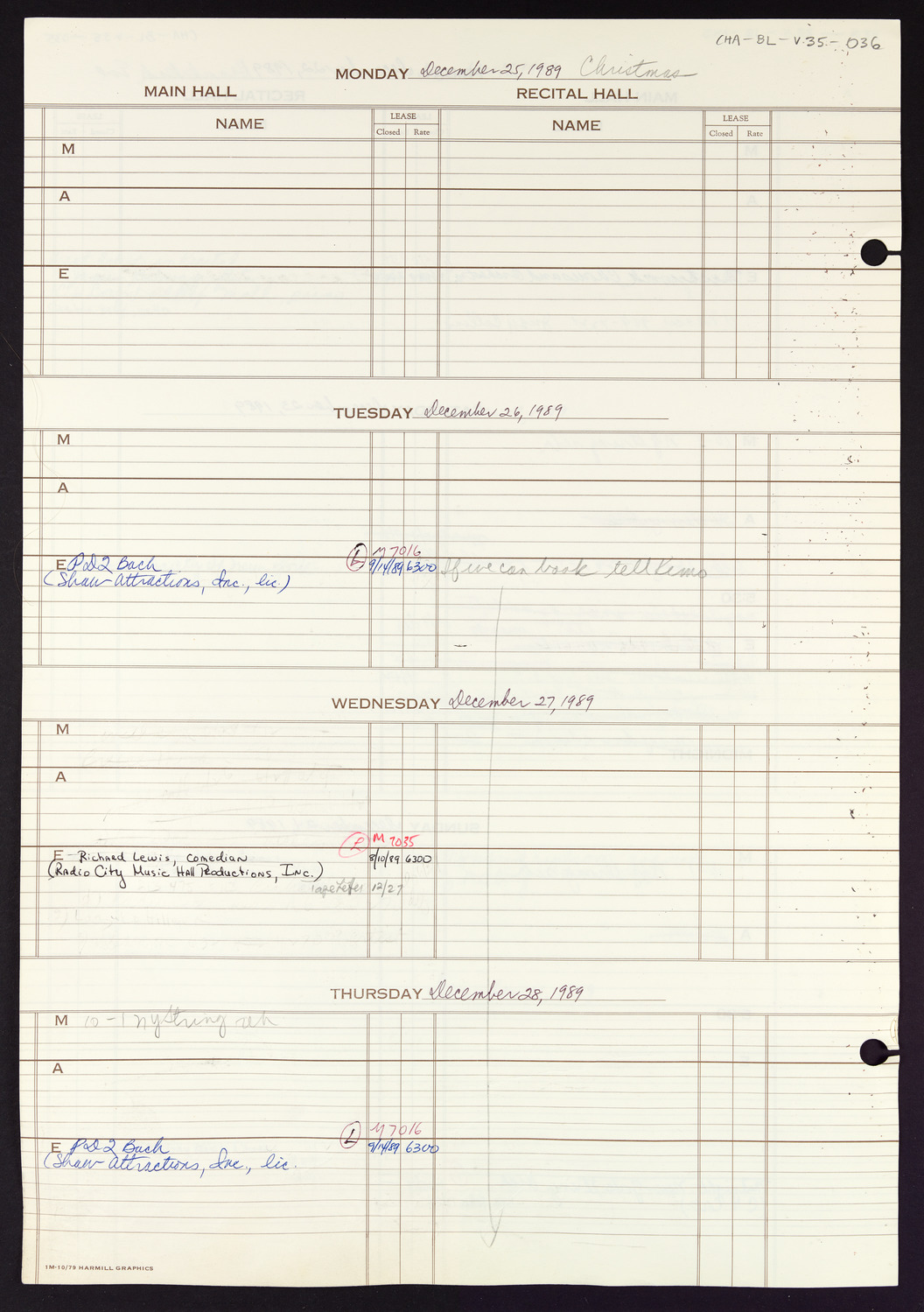 Carnegie Hall Booking Ledger, volume 35, page 36