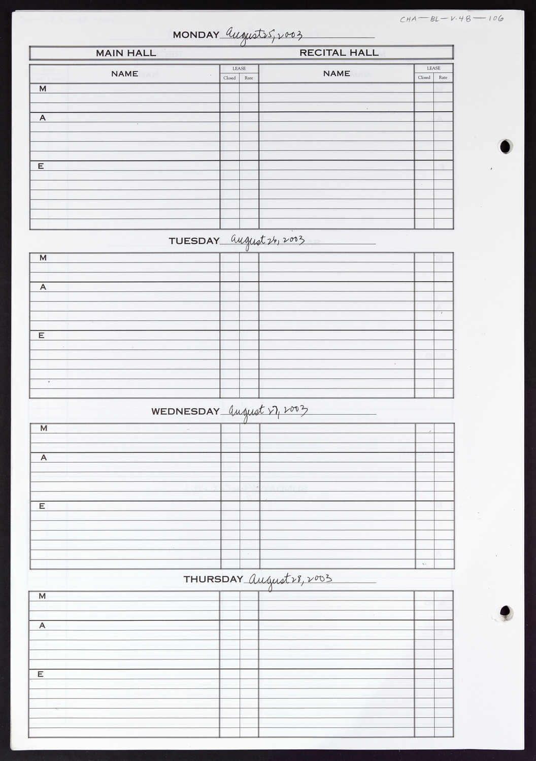 Carnegie Hall Booking Ledger, volume 48, page 106