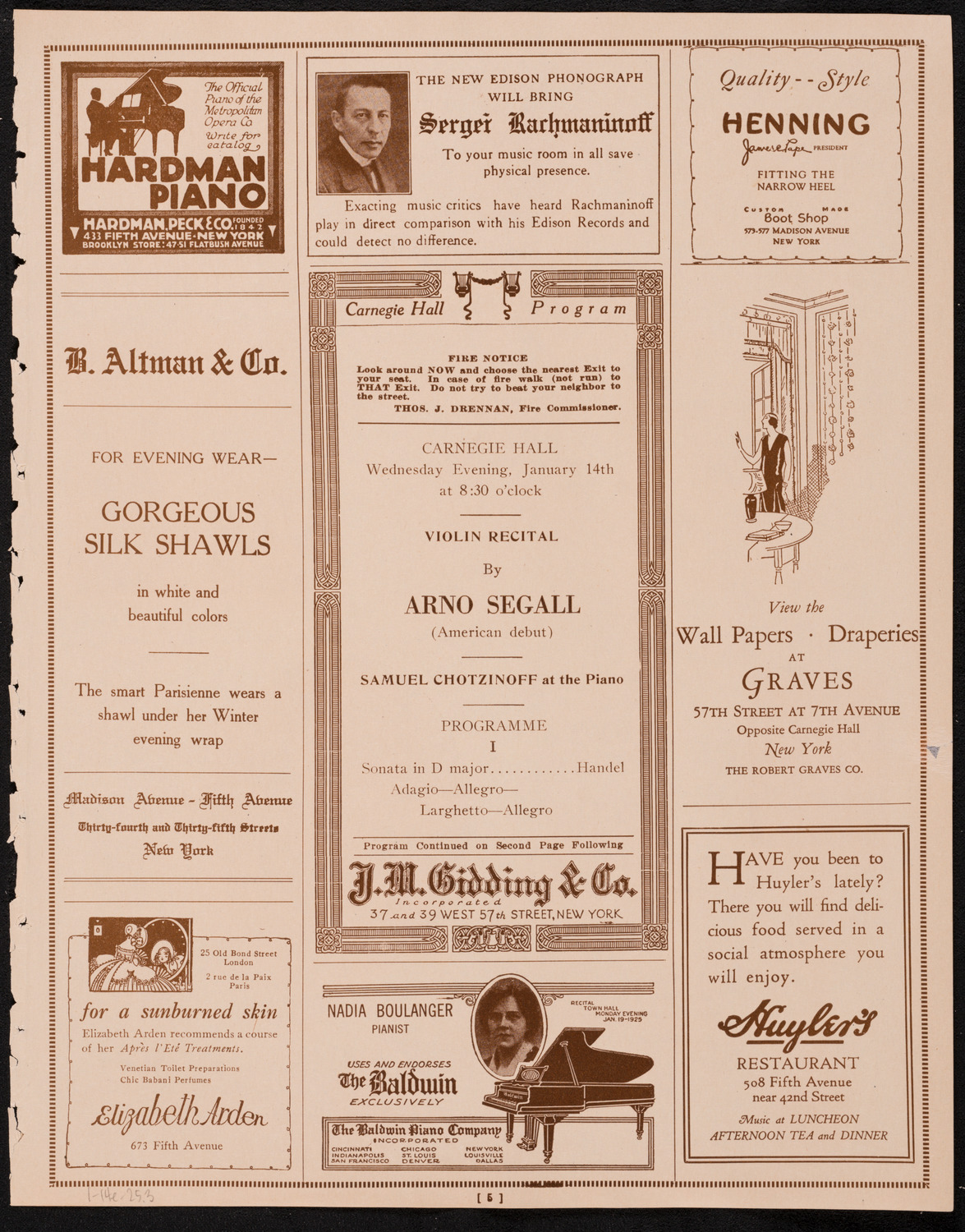 Arno Segall, Violin, January 14, 1925, program page 5