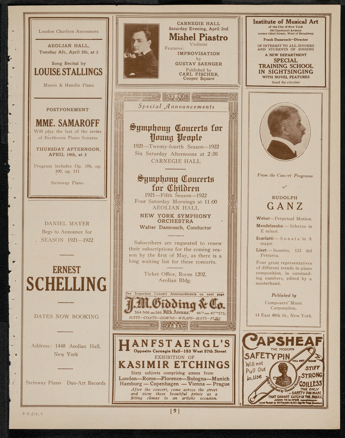 National Symphony Orchestra, April 3, 1921, program page 9