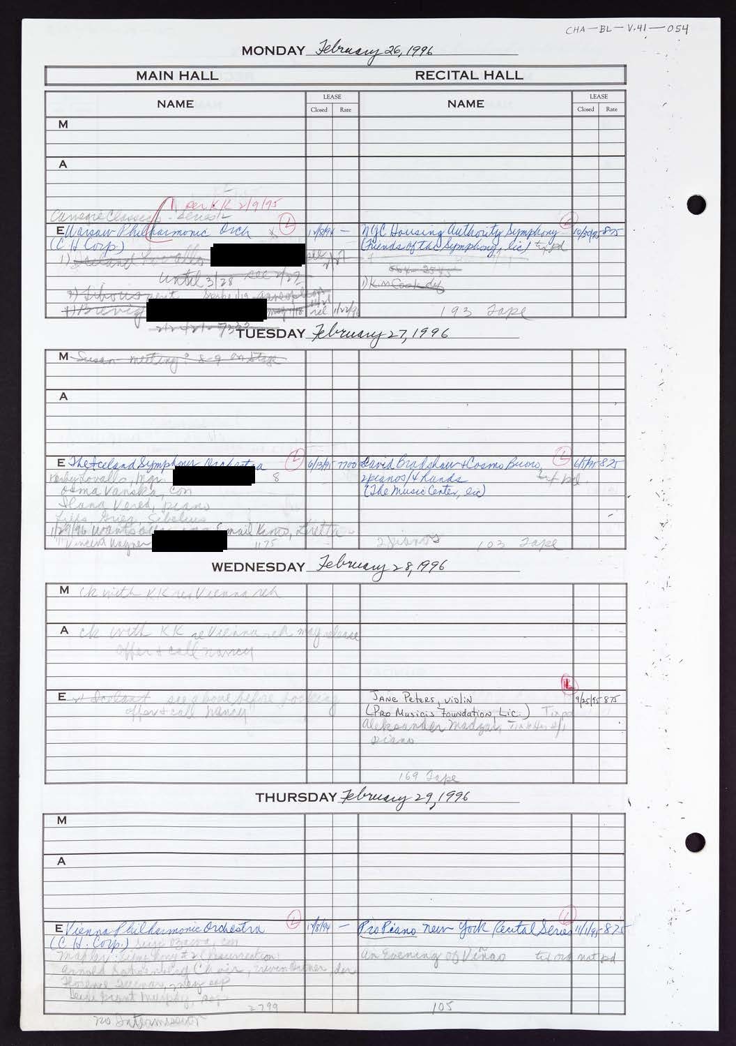 Carnegie Hall Booking Ledger, volume 41, page 54