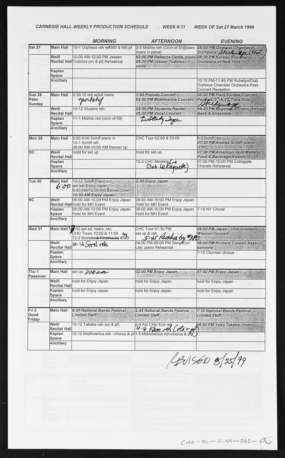 Carnegie Hall Booking Ledger, volume 44, page 63a