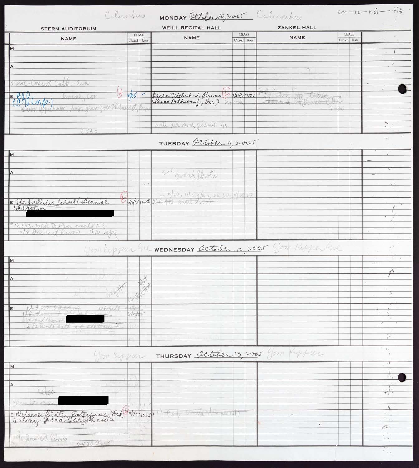 Carnegie Hall Booking Ledger, volume 51, page 16