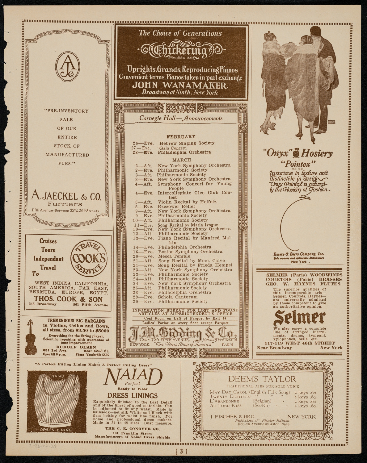 New York Philharmonic, February 26, 1922, program page 3