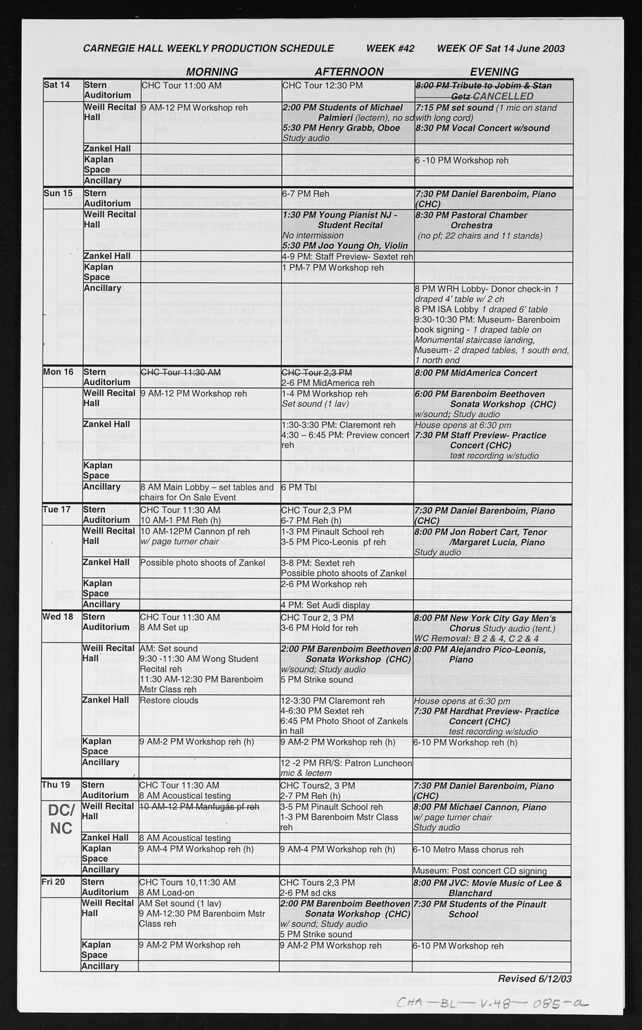 Carnegie Hall Booking Ledger, volume 48, page 85a