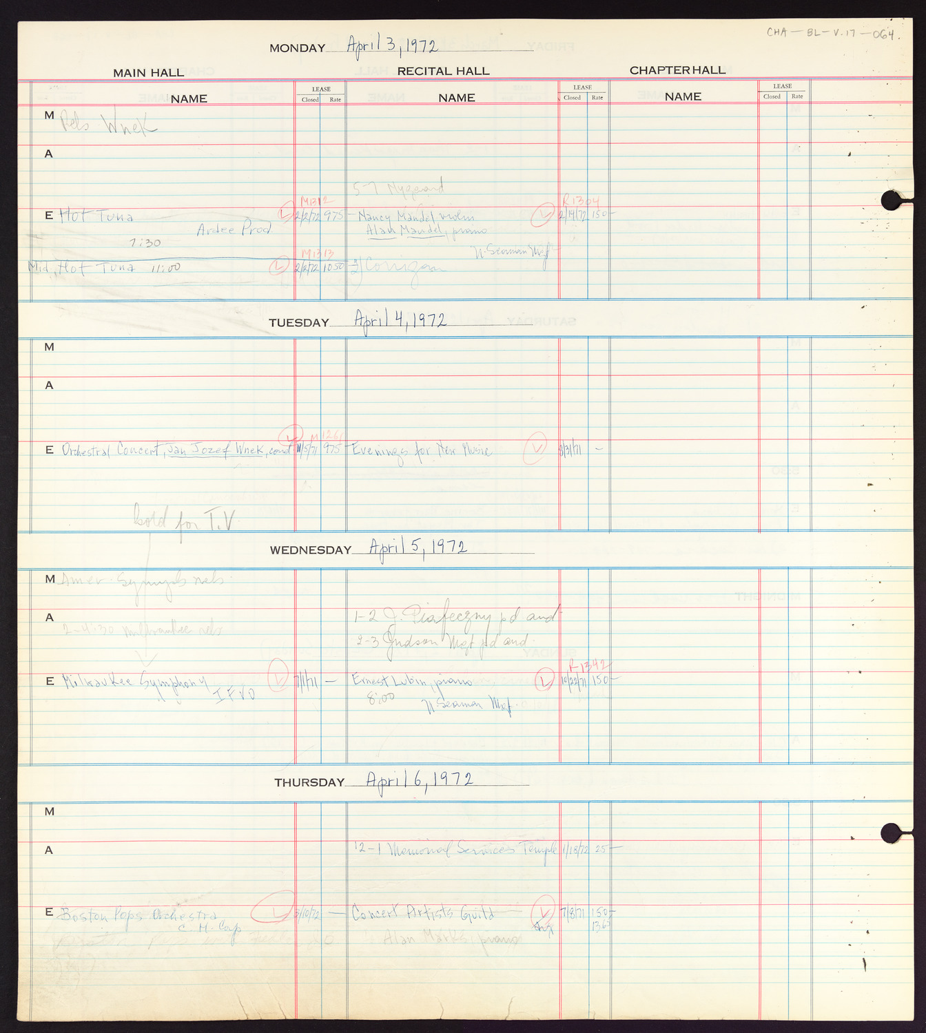 Carnegie Hall Booking Ledger, volume 17, page 64