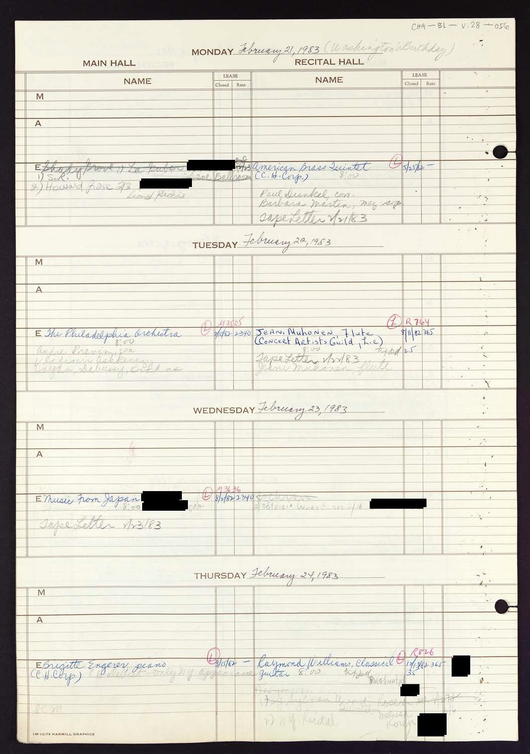 Carnegie Hall Booking Ledger, volume 28, page 56