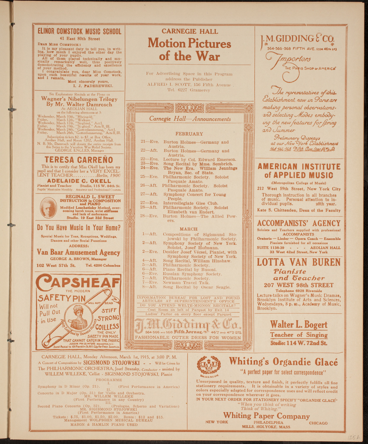 New York Philharmonic, February 21, 1915, program page 3