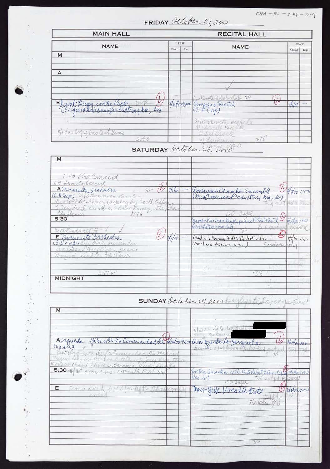 Carnegie Hall Booking Ledger, volume 46, page 19