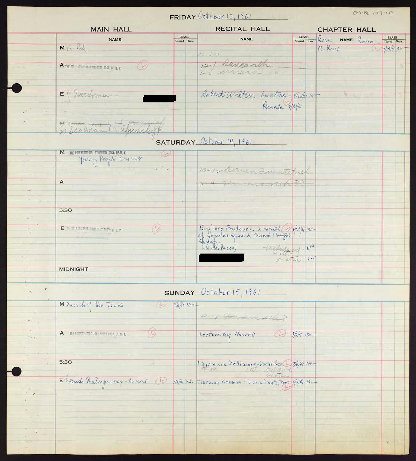 Carnegie Hall Booking Ledger, volume 7, page 17