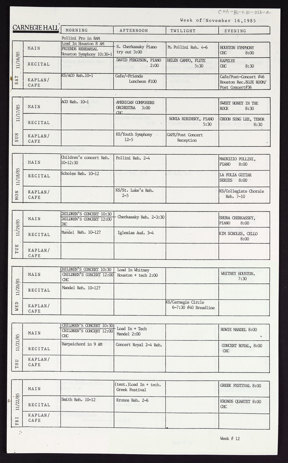 Carnegie Hall Booking Ledger, volume 31, page 23a