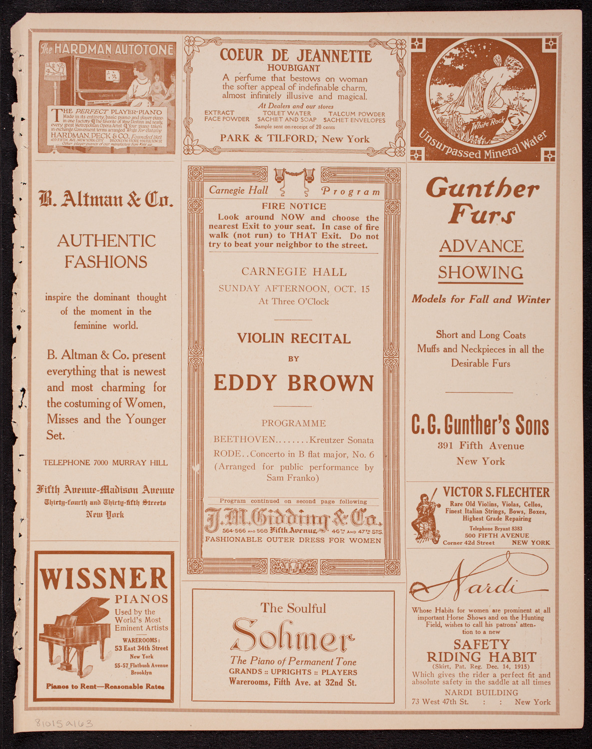 Eddy Brown, Violin, October 15, 1916, program page 5