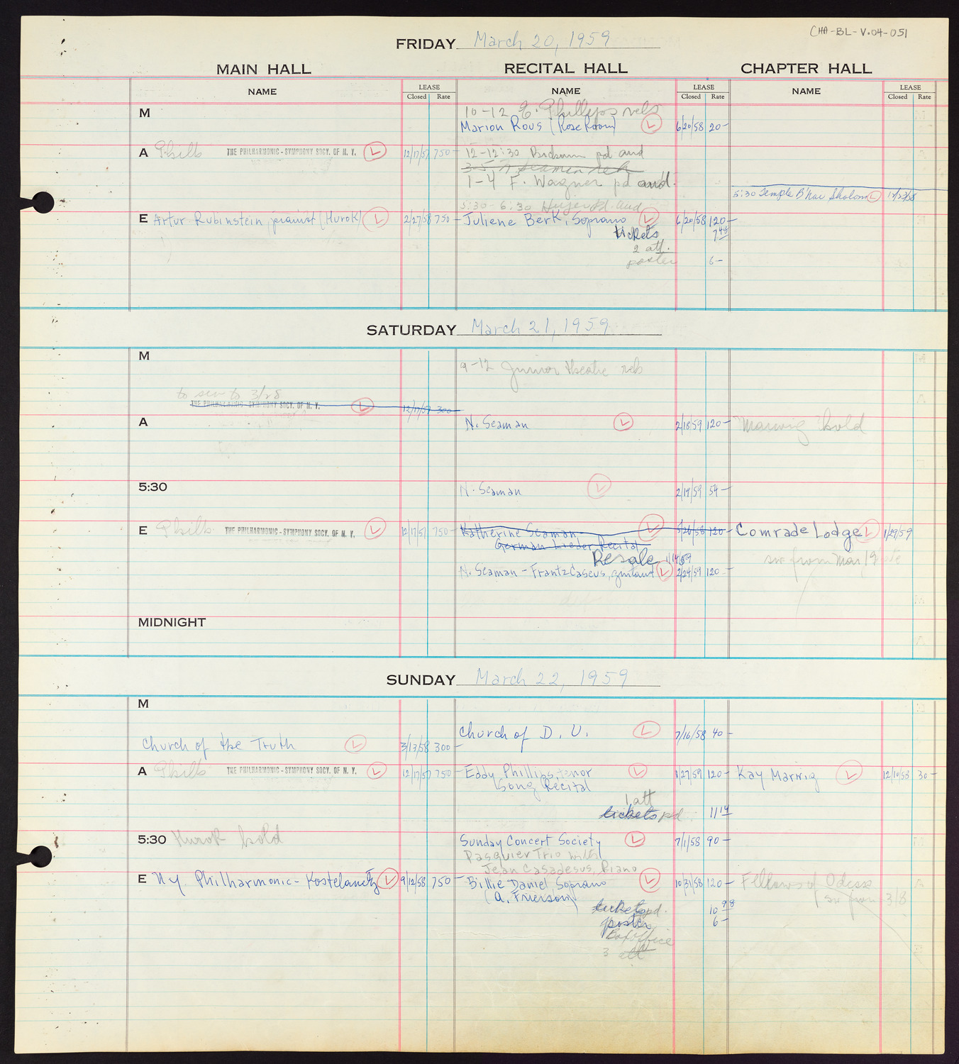 Carnegie Hall Booking Ledger, volume 4, page 51