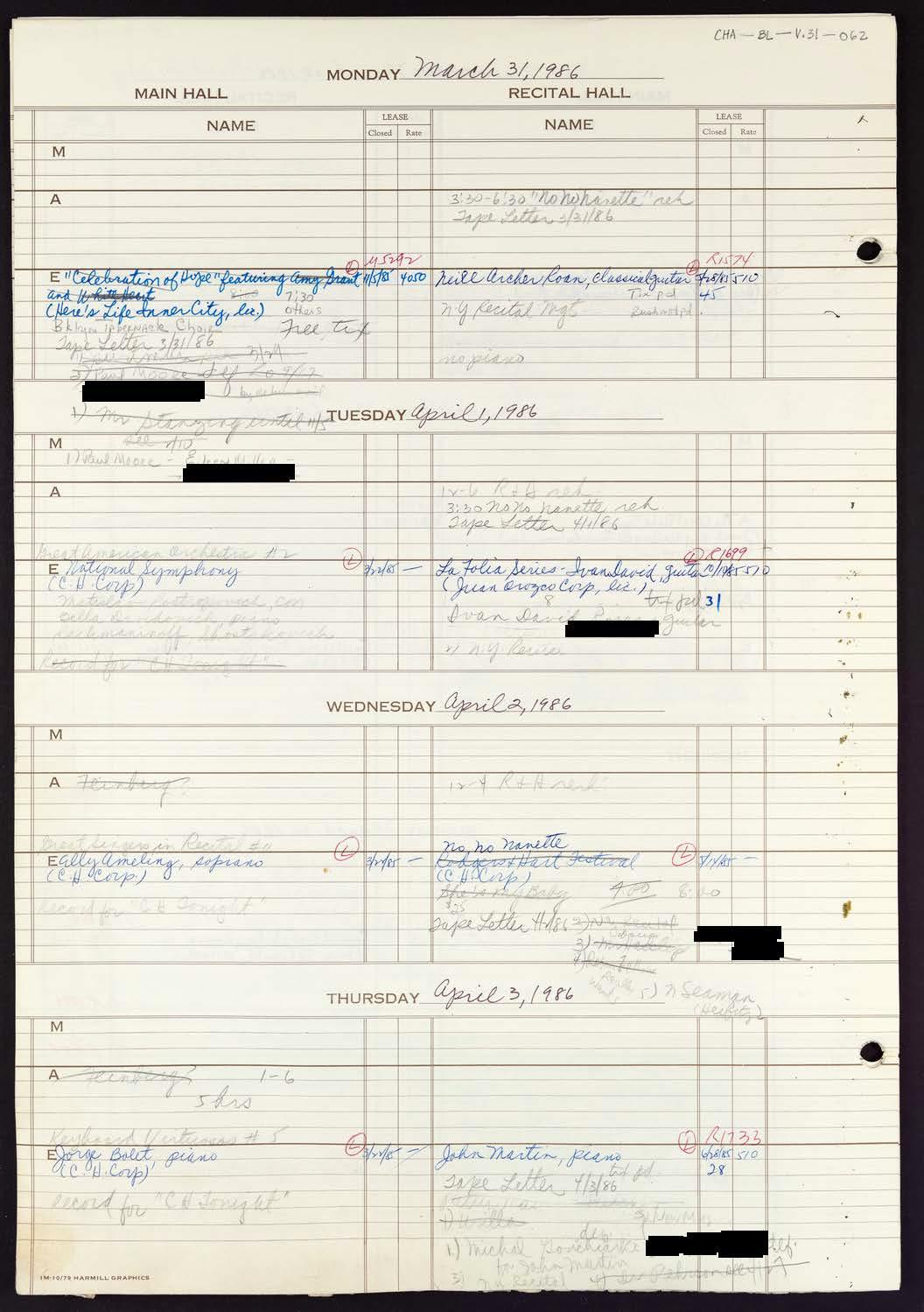 Carnegie Hall Booking Ledger, volume 31, page 62