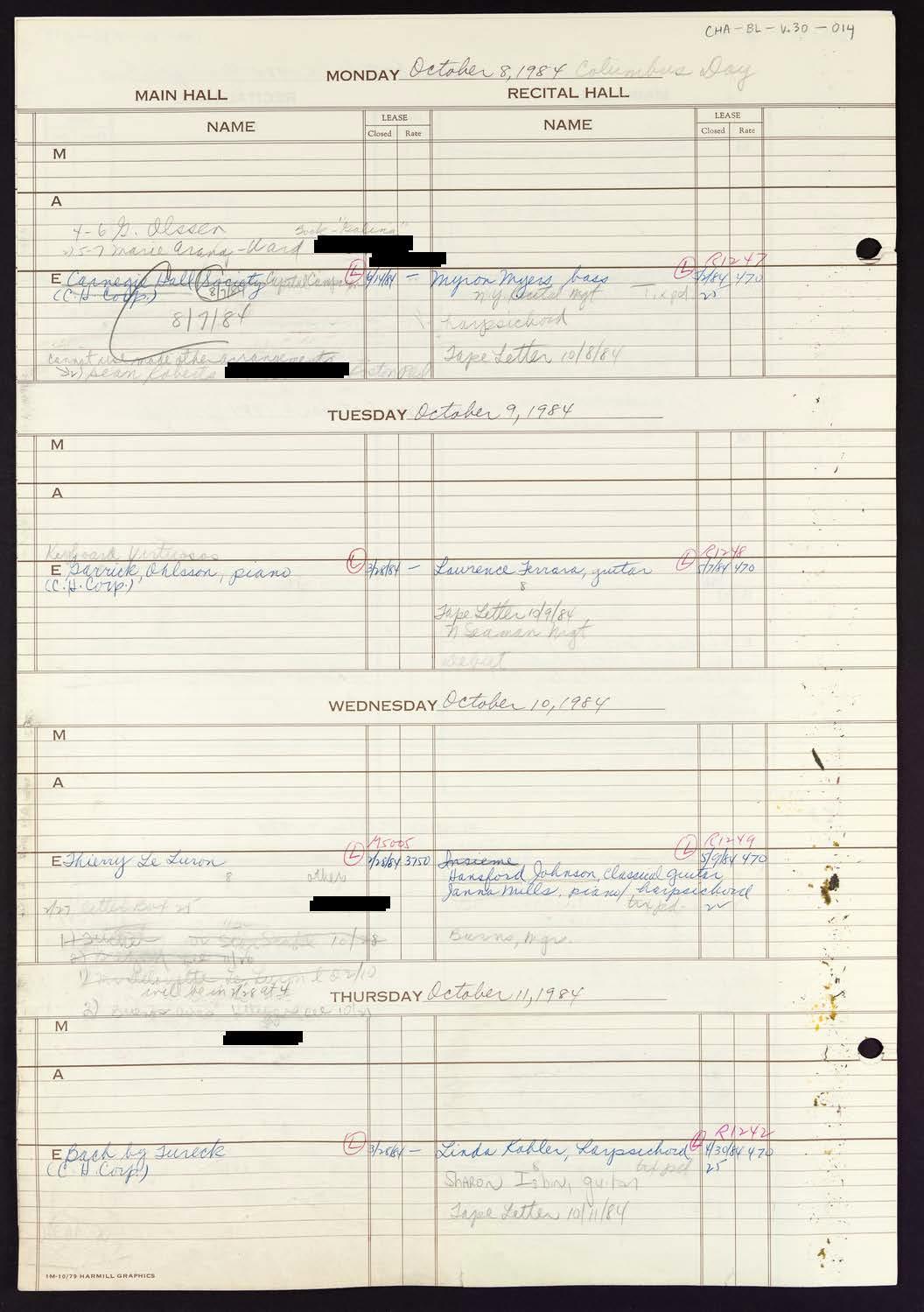 Carnegie Hall Booking Ledger, volume 30, page 14