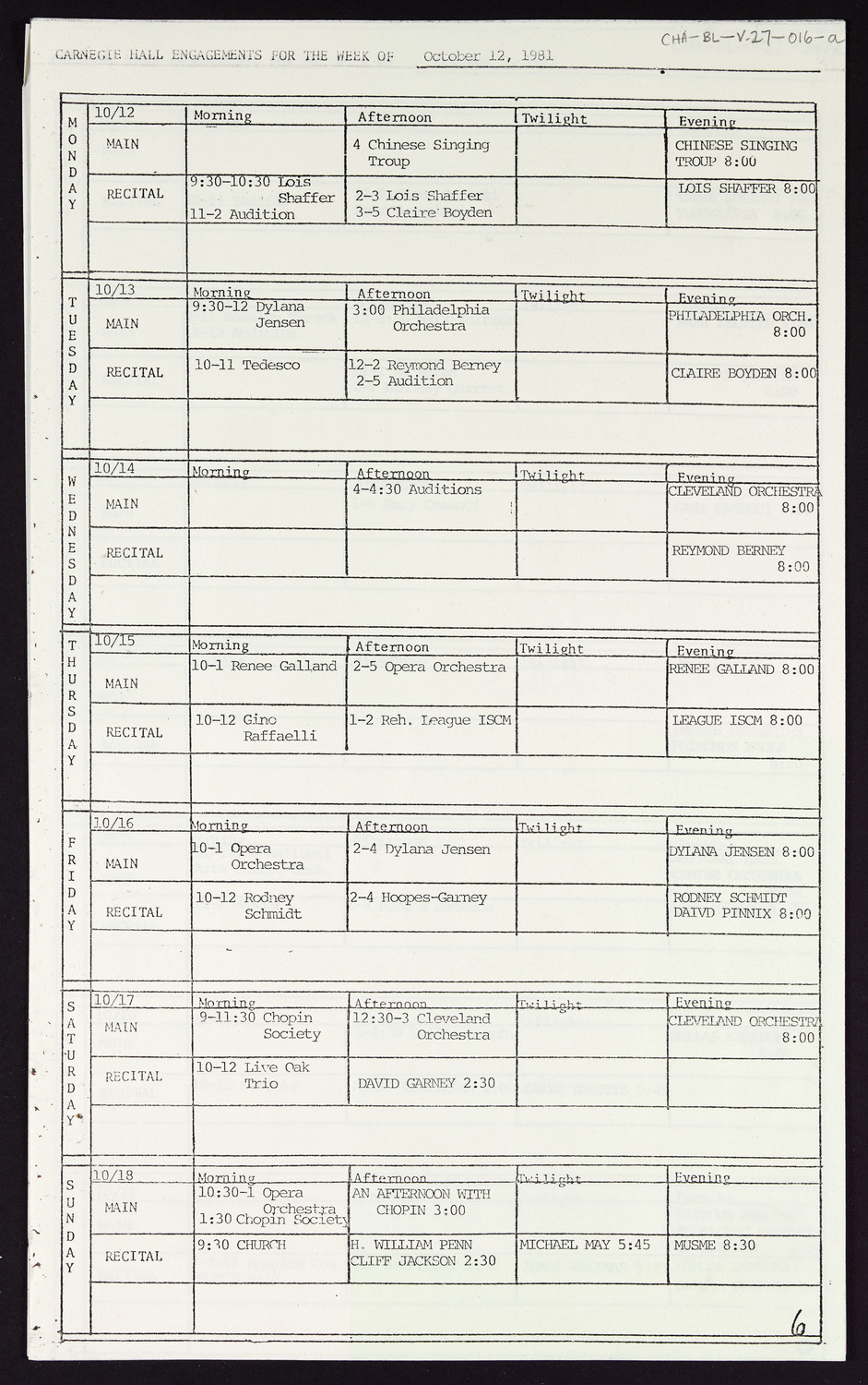 Carnegie Hall Booking Ledger, volume 27, page 16a