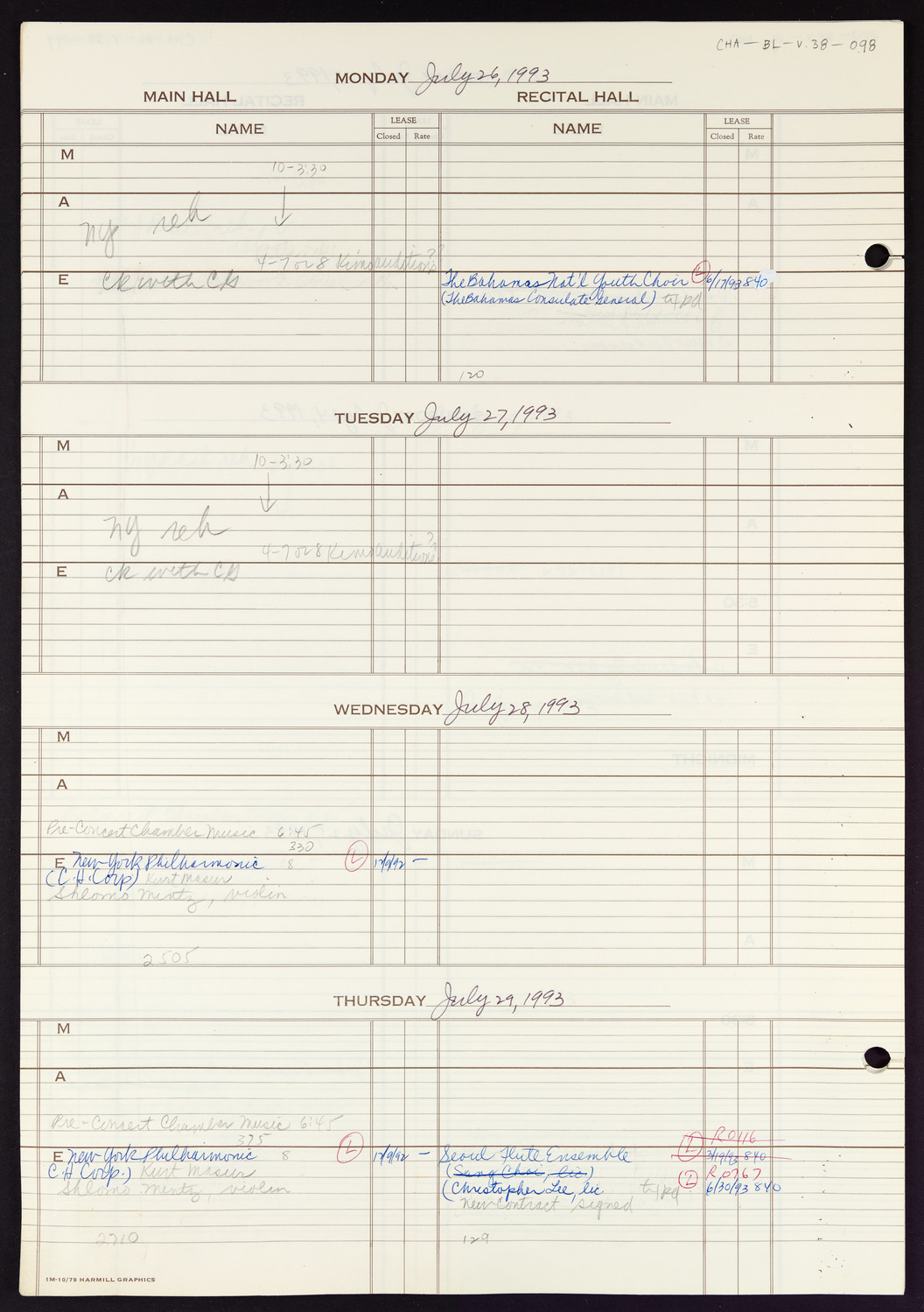 Carnegie Hall Booking Ledger, volume 38, page 98