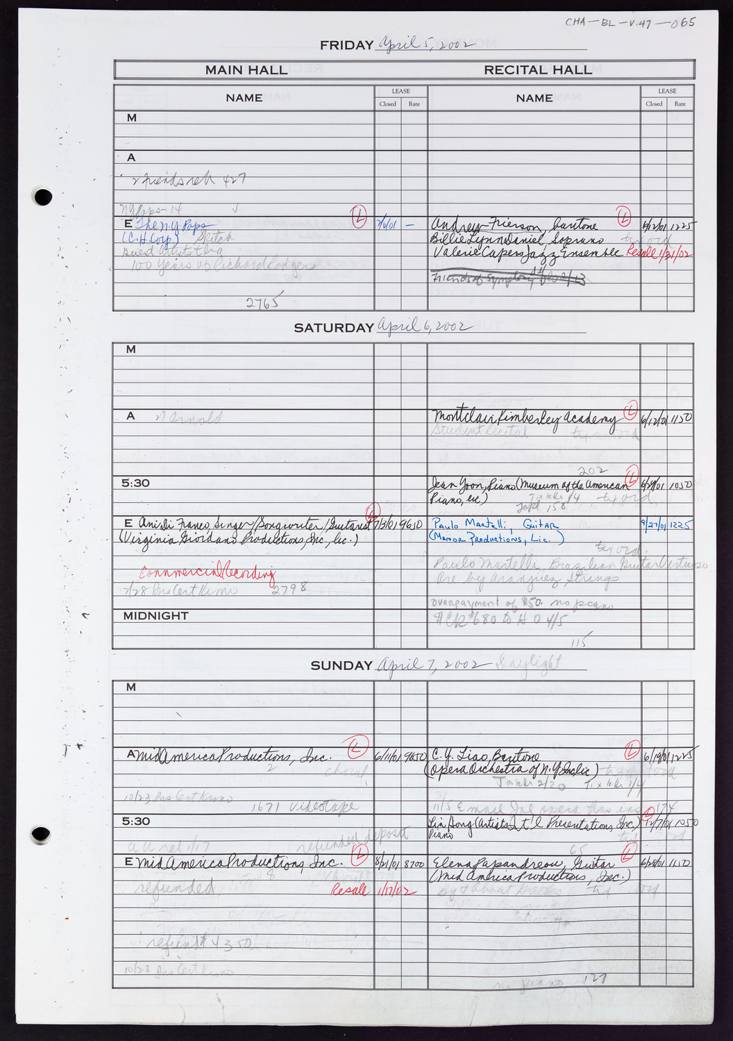 Carnegie Hall Booking Ledger, volume 47, page 65