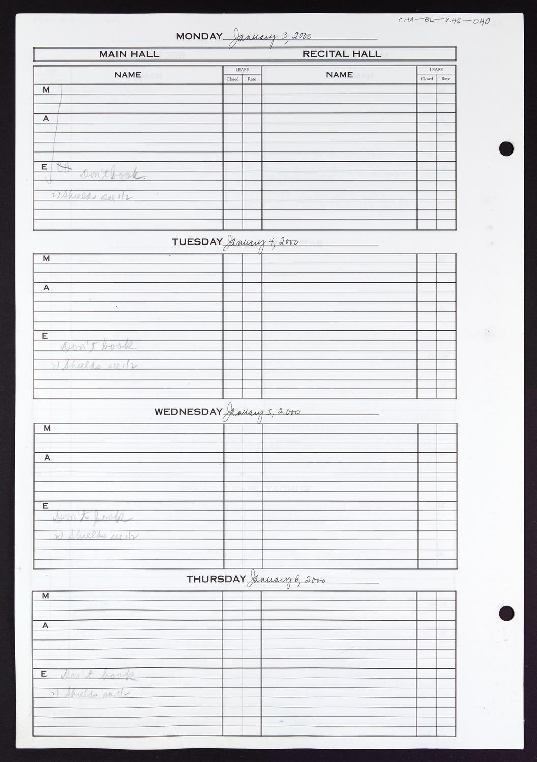 Carnegie Hall Booking Ledger, volume 45, page 40