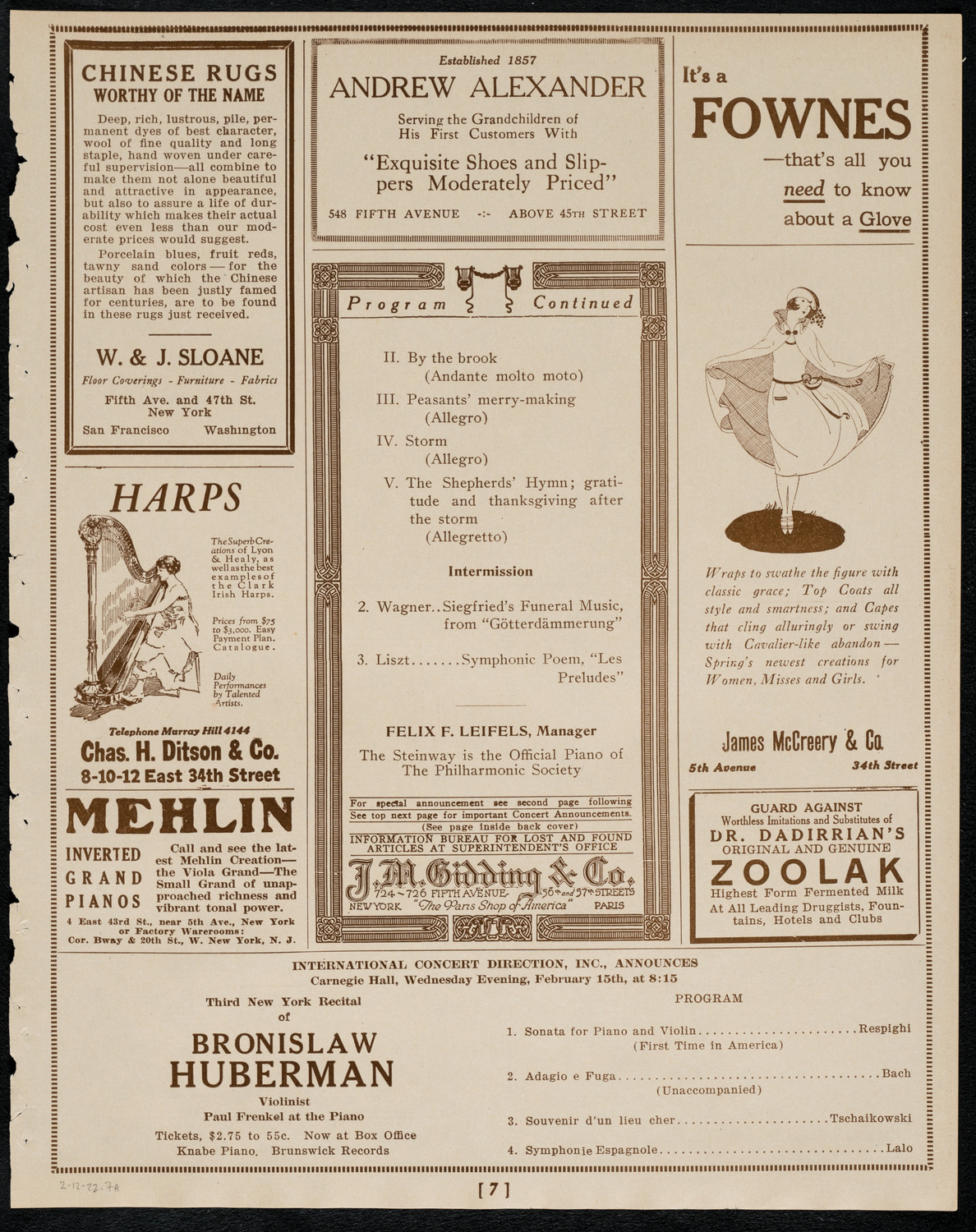 New York Philharmonic, February 12, 1922, program page 7