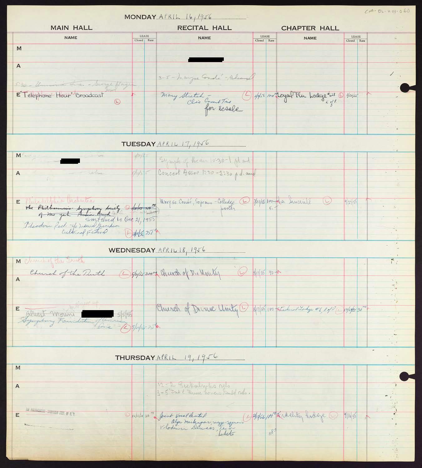 Carnegie Hall Booking Ledger, volume 1, page 60