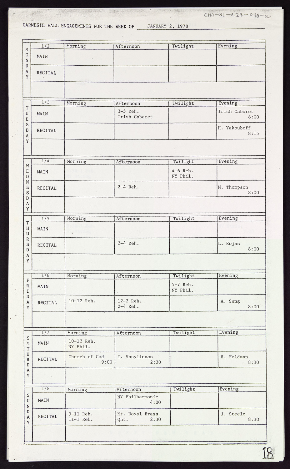 Carnegie Hall Booking Ledger, volume 23, page 40a