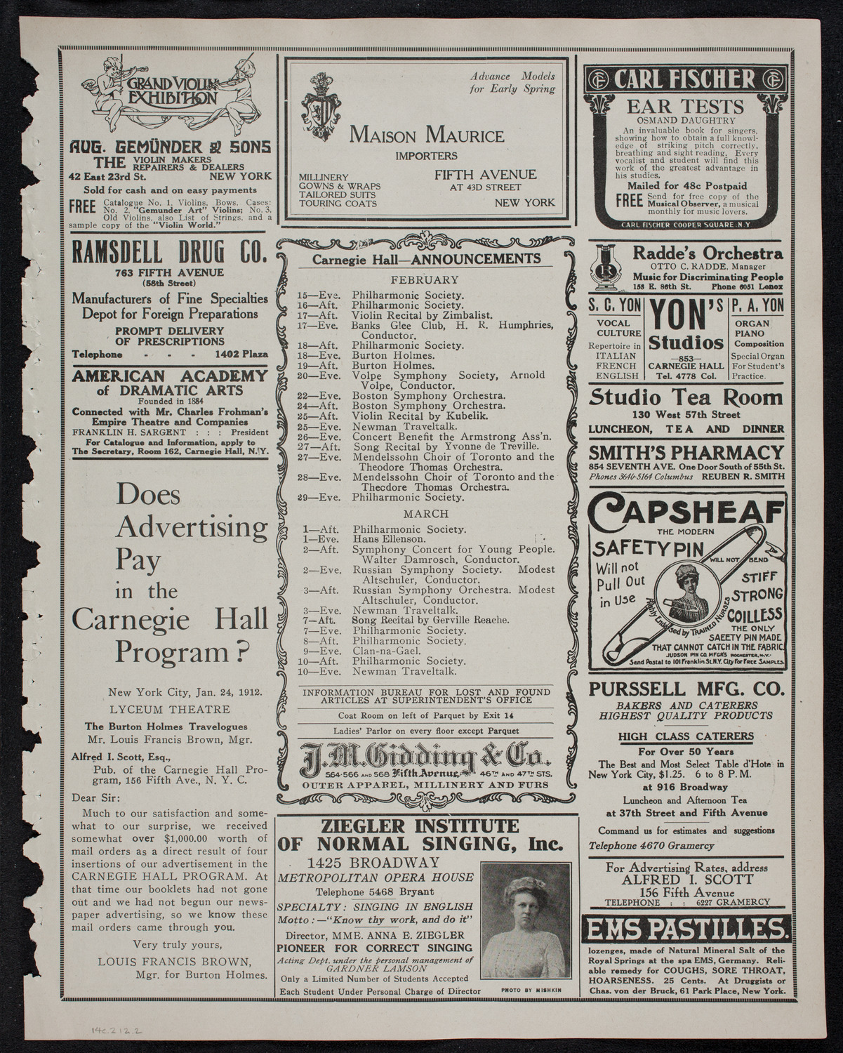 Cantor Sirota with Choir of Fifty, February 14, 1912, program page 3
